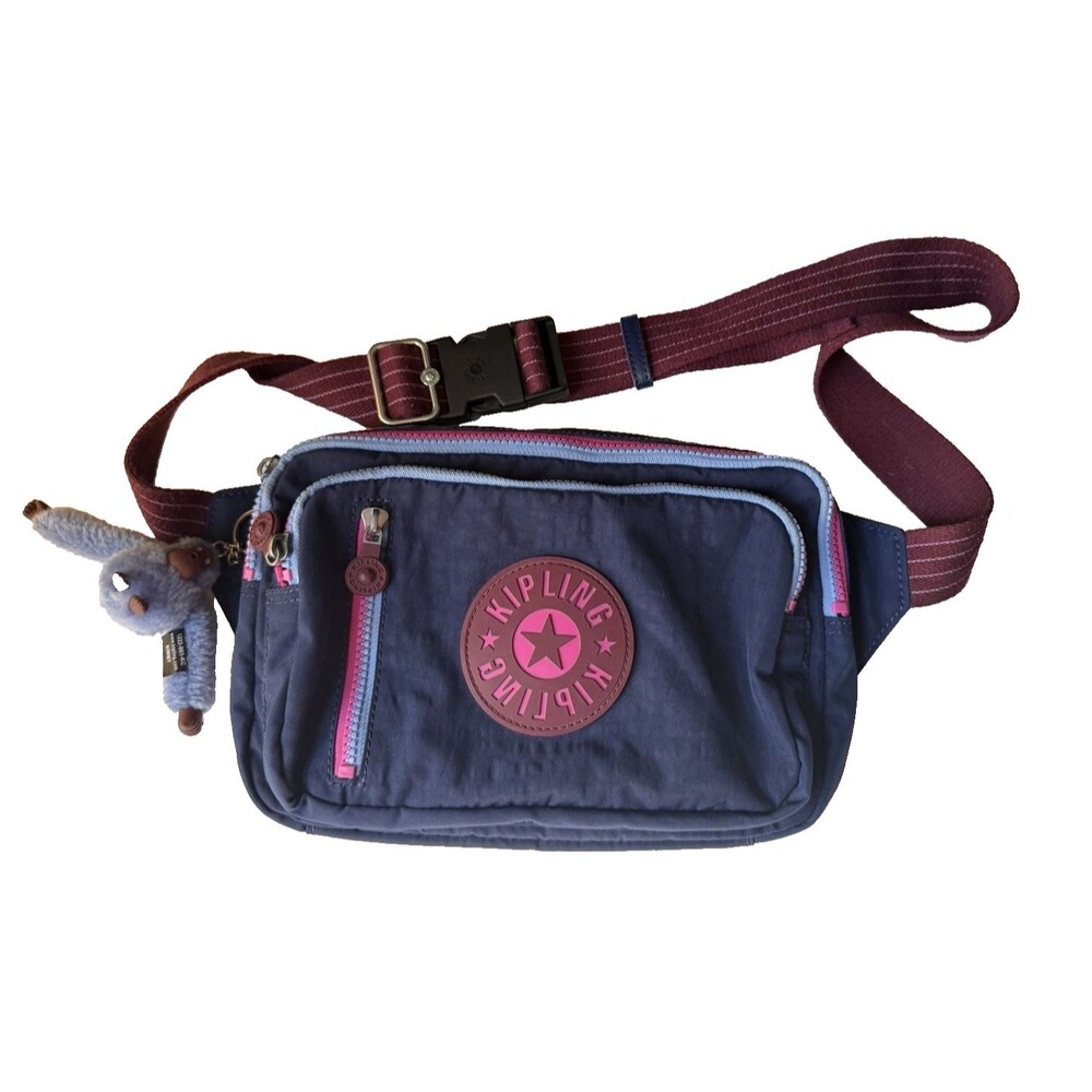 NWOT Kipling Tarry Waist Pack Crossbody Blue/Pink/Burgundy Nylon Monkey Charm